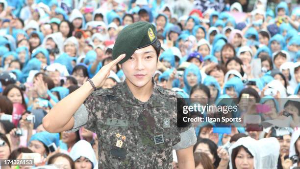 Yoon-Hak of Supernova is seen after being discharged from the military service on July 24, 2013 in Yongin, South Korea.