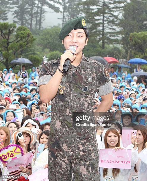 Yoon-Hak of Supernova is seen after being discharged from the military service on July 24, 2013 in Yongin, South Korea.