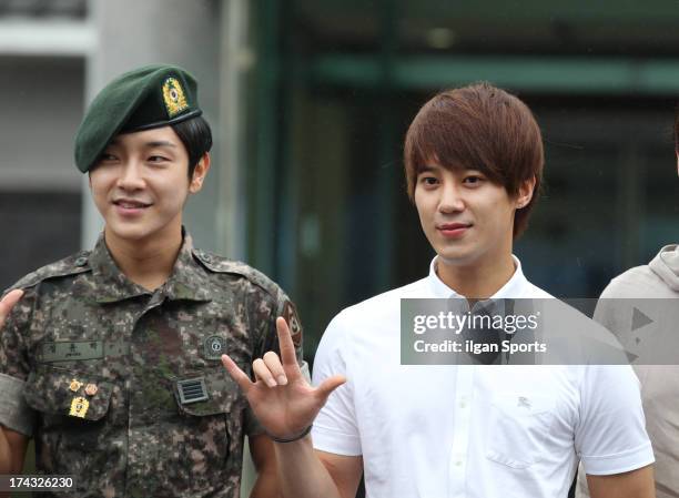 The members of Supernova congratulate Yoon-Hak on being discharged from the Military Service on July 24, 2013 in Yongin, South Korea.