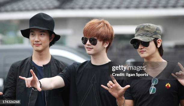 The members of Supernova congratulate Yoon-Hak on being discharged from the Military Service on July 24, 2013 in Yongin, South Korea.