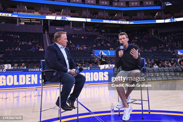 General Manager Michael Dunleavy Jr. Of the Golden State Warriors talks to the media during the annual Open Practice on October 19, 2023 at Chase...