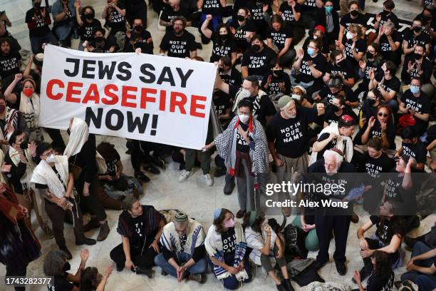 Protesters hold a demonstration in support of a cease fire in Gaza in the Cannon House Office Building on October 18, 2023 in Washington, DC. Members...