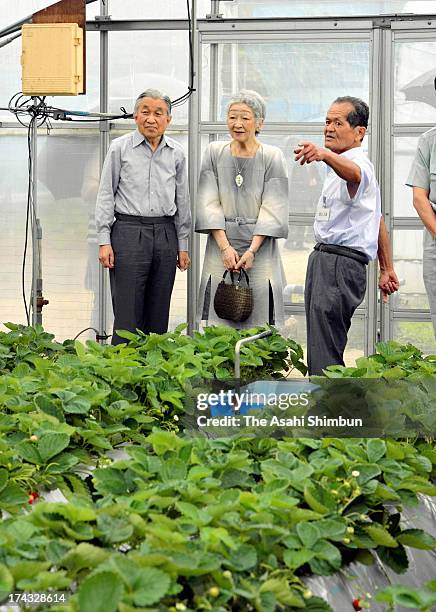 Emperor Akihito and Empress Michiko visit a strawberry farmer on July 24, 2013 in Nasushiobara, Tochigi, Japan. The Emperor and Empress will stay at...