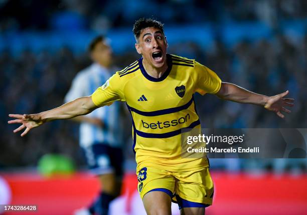 Miguel Merentiel of Boca Juniors celebrates after scoring the team's first goal during a match between Racing Club and Boca Juniors as part of Group...