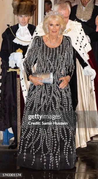 Queen Camilla attends a reception and dinner in honour of the Coronation at Mansion House on October 18, 2023 in London, England. The King attended...