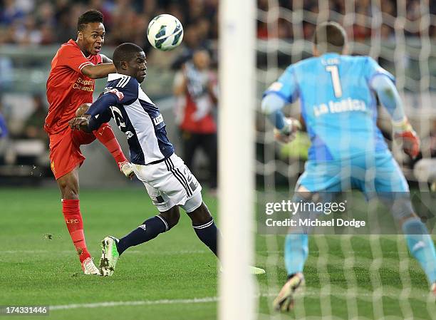 Jordan Ibe of Liverpool and Jason Geria of the Victory contest for the ball during the match between the Melbourne Victory and Liverpool at Melbourne...