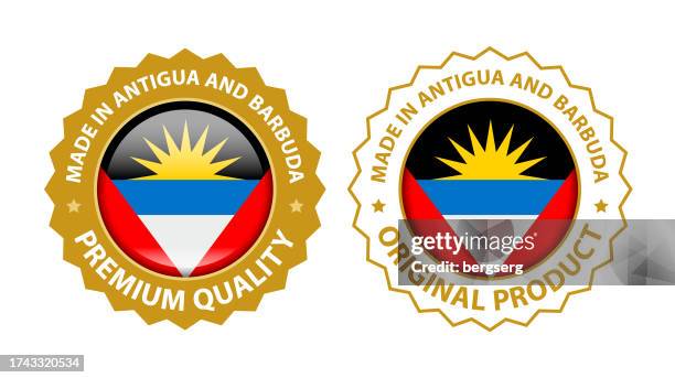 made in antigua and barbuda. vector premium quality and original product stamp. glossy icon with national flag. seal template - certificate border stock illustrations