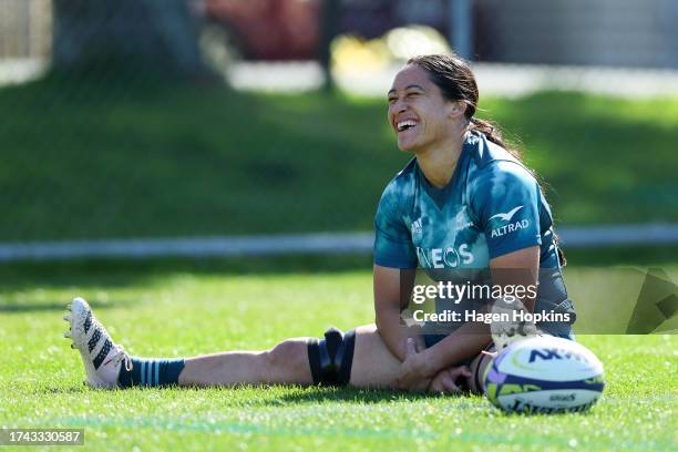 Co-captain Kennedy Simon enjoys a laugh during a New Zealand Black Ferns training session at Martin Luckie Park on October 19, 2023 in Wellington,...