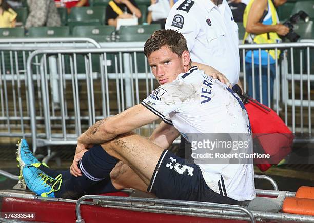 Jan Vertonghen of Tottenhan Hotspur is taken from the ground with an injury during the Barclays Asia Trophy Semi Final match between Tottenham...