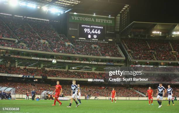 General view as the scoreboard shows the official attendance during the match between the Melbourne Victory and Liverpool at the Melbourne Cricket...