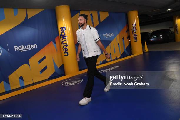 Stephen Curry of the Golden State Warriors arrives to the arena before the game against the Phoenix Suns on October 24, 2023 at Chase Center in San...