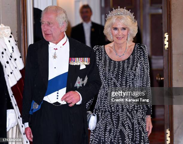 King Charles III and Queen Camilla attend a reception at Mansion House on October 18, 2023 in London, England. The King attended the reception to...