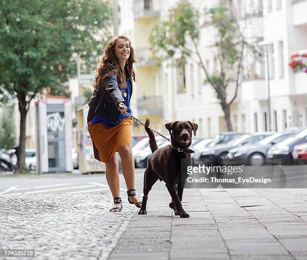 mujer caminar perro en una calle de la ciudad - pulling fotografías e imágenes de stock