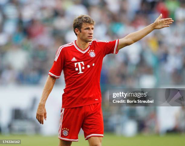 Thomas Mueller of FC Bayern Muenchen gestures during the Telekom 2013 Cup final between FC Bayern Muenchen and Borussia Moenchengladbach at...