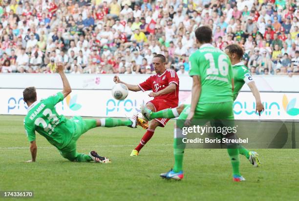 Franck Ribery of FC Bayern Muenchen kicks the ball during the Telekom 2013 Cup final between FC Bayern Muenchen and Borussia Moenchengladbach at...