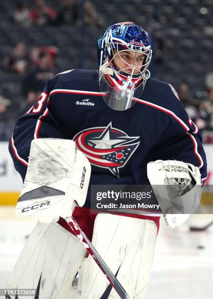 Jet Greaves of the Columbus Blue Jackets skates in warmups prior to the game against the Detroit Red Wings at Nationwide Arena on October 16, 2023 in...