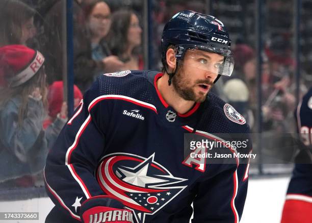 Sean Kuraly of the Columbus Blue Jackets skates during warmups before the game against the Detroit Red Wings at Nationwide Arena on October 16, 2023...