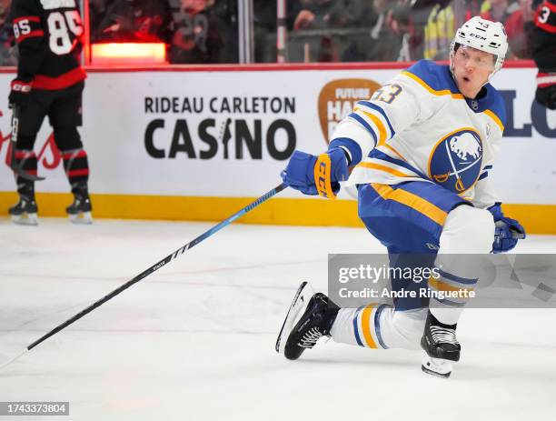 Jeff Skinner of the Buffalo Sabres celebrates his second period goal against the Ottawa Senators at Canadian Tire Centre on October 24, 2023 in...