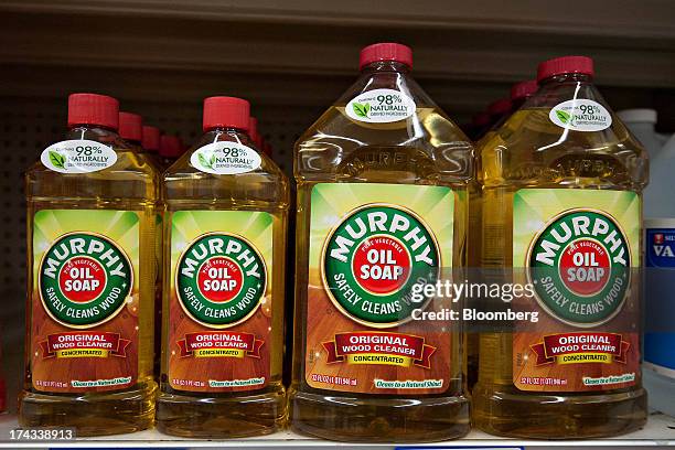 Bottles of Colgate-Palmolive Co. Murphy Oil Soap brand wood cleaner are displayed for sale on a supermarket shelf in Princeton, Illinois, U.S., on...