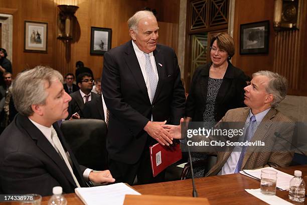 Building America's Future Co-Chairman and former Pennsylvania Gov. Ed Rendell and Joint Economic Committee Vice-Chair Sen. Amy Klobuchar greet fellow...