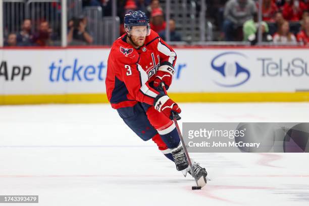 Nick Jensen of the Washington Capitals carries the puck during a game against the Toronto Maple Leafs at Capital One Arena on October 24, 2023 in...