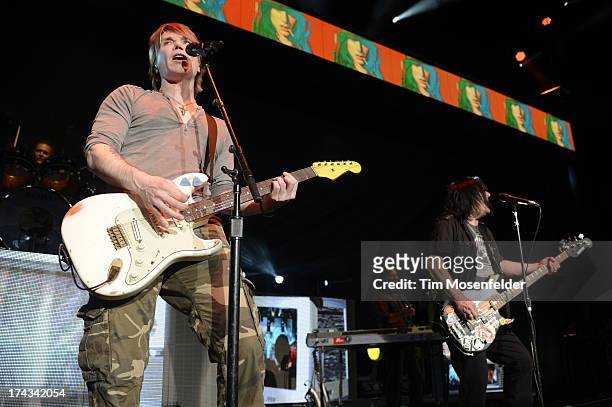 John Rzeznik and Robby Takac of Goo Goo Dolls perform in support of the bands' Magnetic release at Sleep Train Pavilion on July 23, 2013 in Concord,...