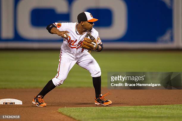 Alexi Casilla of the Baltimore Orioles throws against the Texas Rangers on July 8, 2013 at Oriole Park at Camden Yards in Baltimore, Maryland. The...