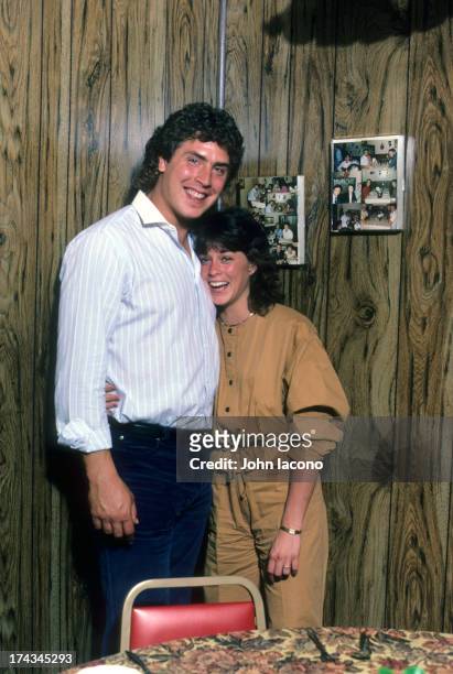 Portrait of Miami Dolphins QB Dan Marino posing with fiancee Claire Veasey during photo shoot at home. Miami, FL CREDIT: John Iacono