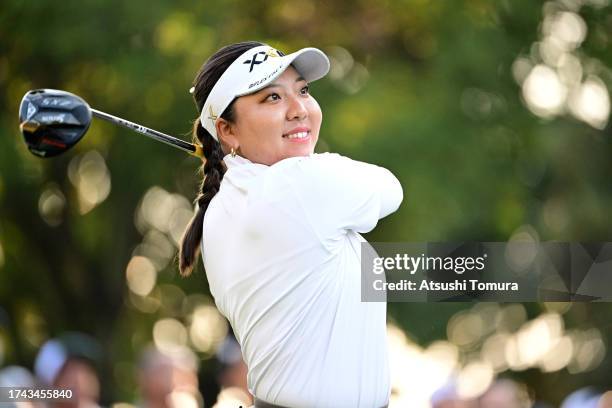 Yuka Nii of Japan hits her tee shot 10 during the first round of NOBUTA Group Masters GC Ladies at Masters Golf Club on October 19, 2023 in Miki,...