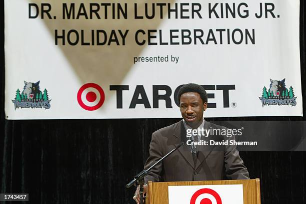 Terrell Brandon of the Minnesota Timberwolves speaks during the Dr. Martin Luther King Jr. Celebration on January 20, 2003 at the Target Center in...