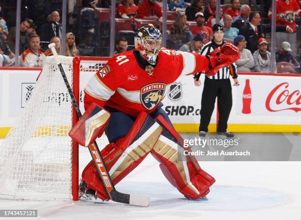 Goaltender Anthony Stolarz of the Florida Panthers defends the net against the San Jose Sharks during the second period at Amerant Bank Arena on...