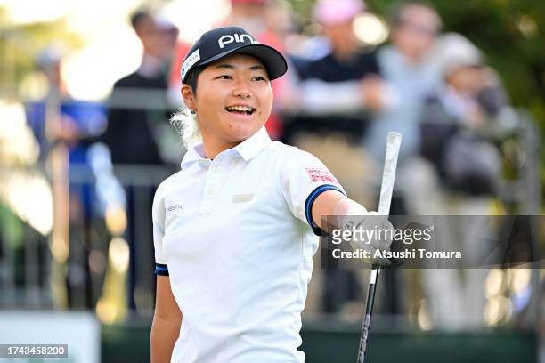 Misaki Miyazawa of Japan reacts after her tee shot on the 10th hole during the first round of NOBUTA Group Masters GC Ladies at Masters Golf Club on...