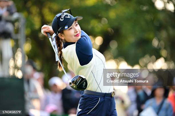 Hana Lee of South Korea hits her tee shot 10 during the first round of NOBUTA Group Masters GC Ladies at Masters Golf Club on October 19, 2023 in...