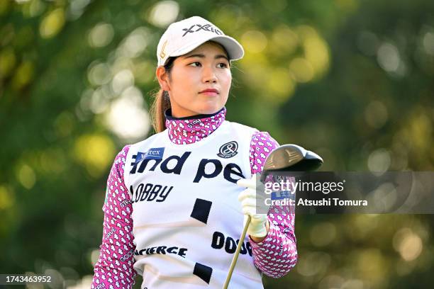 Kokona Sakurai of Japan reacts after her tee shot on the 10th hole during the first round of NOBUTA Group Masters GC Ladies at Masters Golf Club on...