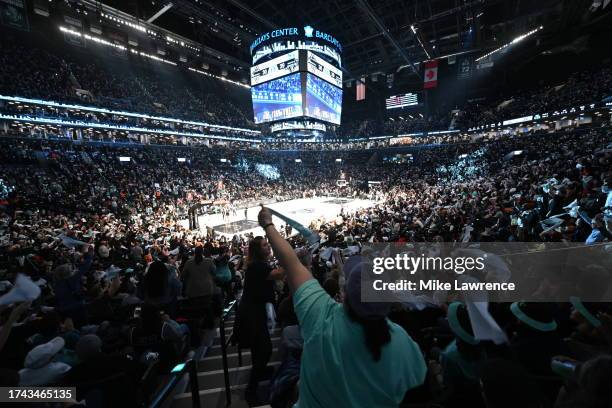 New York Liberty fans celebrate during game 4 of the 2023 WNBA Finals on October 18, 2023 at Barclays Center in Brooklyn, New York. NOTE TO USER:...