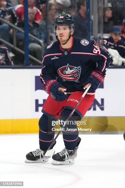 Jack Roslovic of the Columbus Blue Jackets skates during the third period against the Detroit Red Wings at Nationwide Arena on October 16, 2023 in...