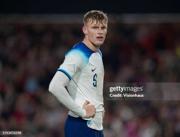 Jarrad Branthwaite of England during the UEFA U21 EURO Qualifier between England and Serbia at City Ground on October 12, 2023 in Nottingham, England.