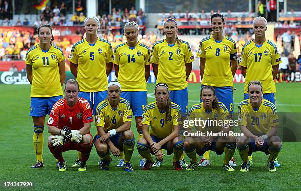 The team of Sweden lines up before the UEFA Women's Euro 2013 semi final match between Sweden and Germany at Gamla Ullevi on July 24, 2013 in...