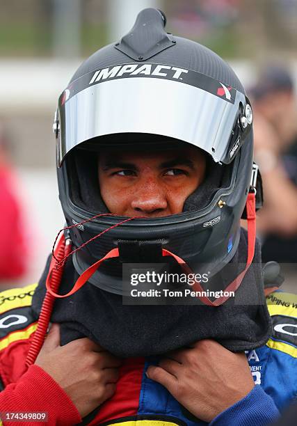 Darrell Wallace Jr., driver of the Camping World/Good Sam Toyota, during practice for the NASCAR Camping World Truck Series inaugural Mudsummer...