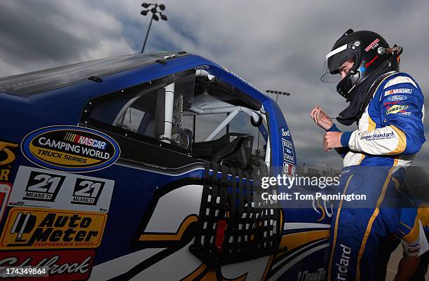 Ryan Blaney, driver of the Cooper Standard Ford, prepares for practice for the NASCAR Camping World Truck Series inaugural Mudsummer Classic at...