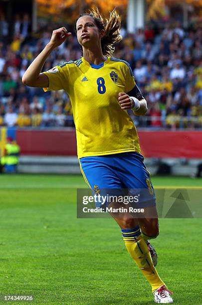 Lotta Schelin of Sweden reacts during the UEFA Women's Euro 2013 semi final match between Sweden and Germany at Gamla Ullevi on July 24, 2013 in...