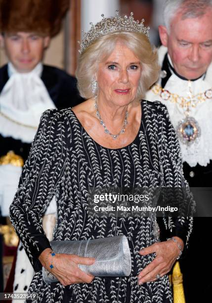 Queen Camilla attends a dinner at Mansion House in honour of her and King Charles III's Coronation and to recognise the work of the City of London's...