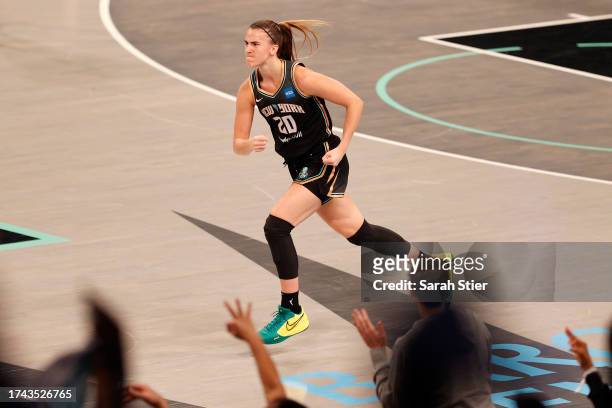 Sabrina Ionescu of the New York Liberty reacts after a play in the first quarter against the Las Vegas Aces during Game Four of the 2023 WNBA Finals...