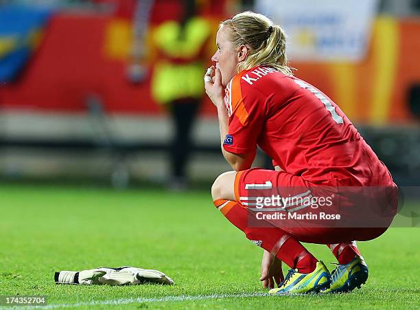 Kristin Hammarstroem, goalkeeper of Sweden looks dejected after the UEFA Women's Euro 2013 semi final match between Sweden and Germany at Gamla...