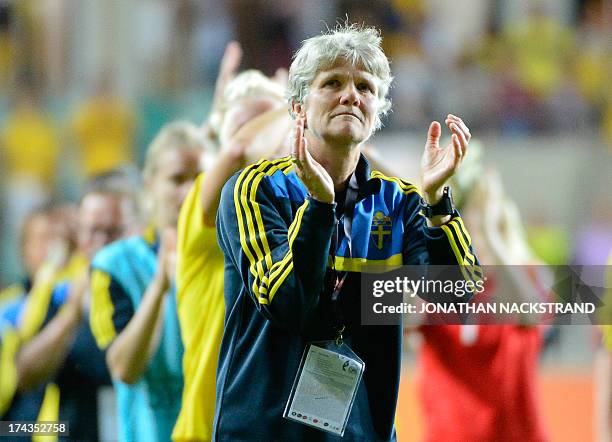Sweden's head coach Pia Sundhage reacts after loosing the UEFA Women's European Championship Euro 2013 semi final football match Sweden vs Germany on...