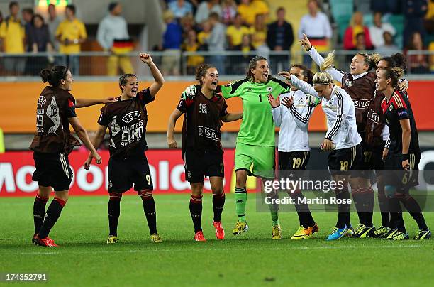 Nadine Angerer , goalkeeper of Germany celebrate with her team mates after the UEFA Women's Euro 2013 semi final match between Sweden and Germany at...