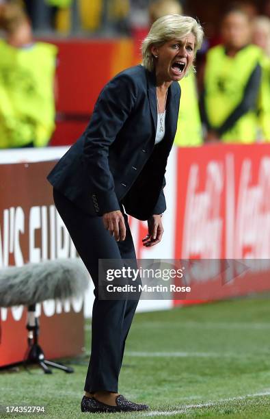 Silvia Neid, head coach of Germany reacts during the UEFA Women's Euro 2013 semi final match between Sweden and Germany at Gamla Ullevi on July 24,...