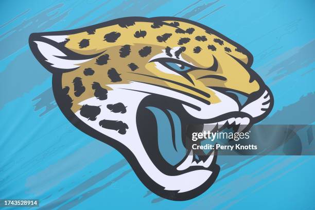 Jacksonville Jaguars logo on the sideline against the Pittsburgh Steelers prior to the game at TIAA Bank Field on August 20, 2022 in Jacksonville,...