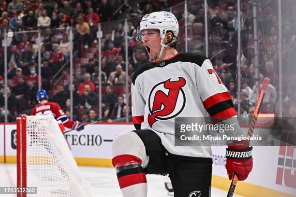 Tyler Toffoli of the New Jersey Devils celebrates his goal during the third period against the Montreal Canadiens at the Bell Centre on October 24,...