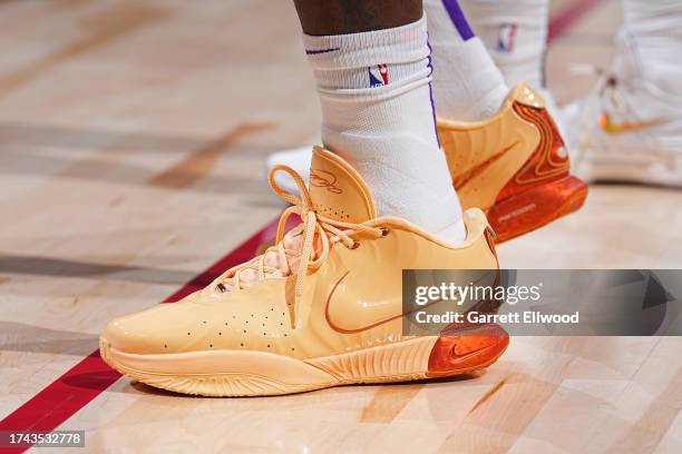 The sneakers of LeBron James of the Los Angeles Lakers against the Denver Nuggets on October 24, 2023 at the Ball Arena in Denver, Colorado. NOTE TO...